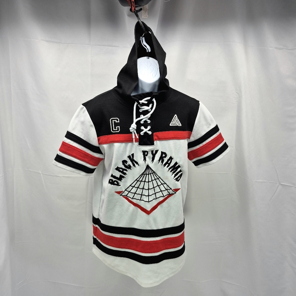 BLACK PYRAMID Hockey Jersey Hooded Shirt White Red Black Men's Small Hip-Hop